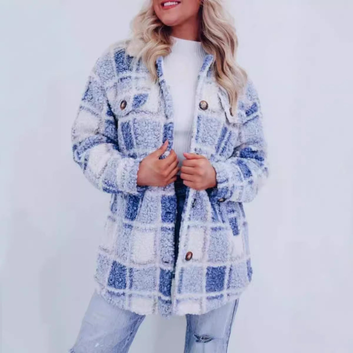 Winter Multicolor Plaid Warm Polo Collar Jacket Women's Fashion All-match Long-sleeved Coat Women