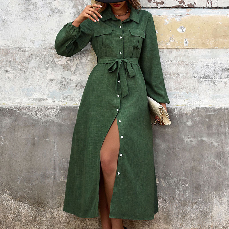 New Women Turn-down Collar Green Long Sleeve Solid Color Dress