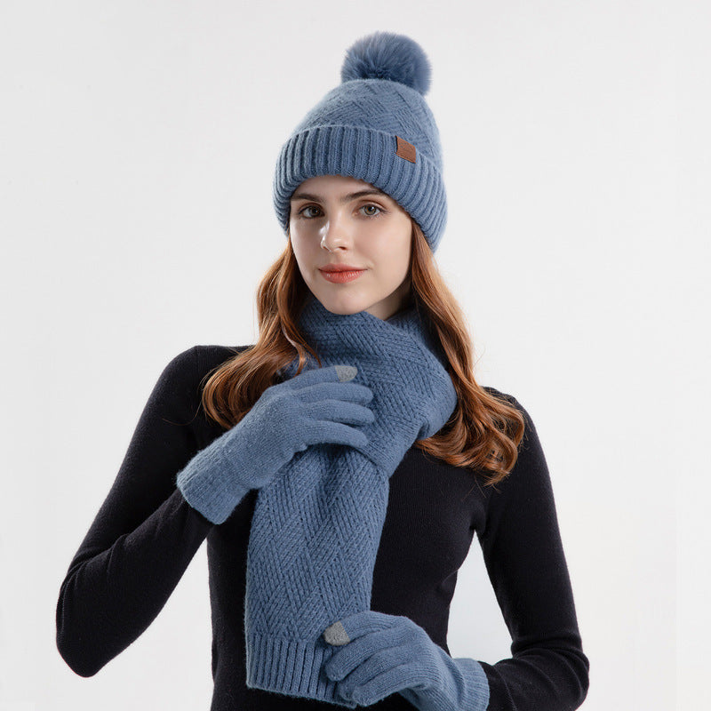 Knitted Woolen Cap Women's Warm Hat Scarf Gloves Three-piece Set