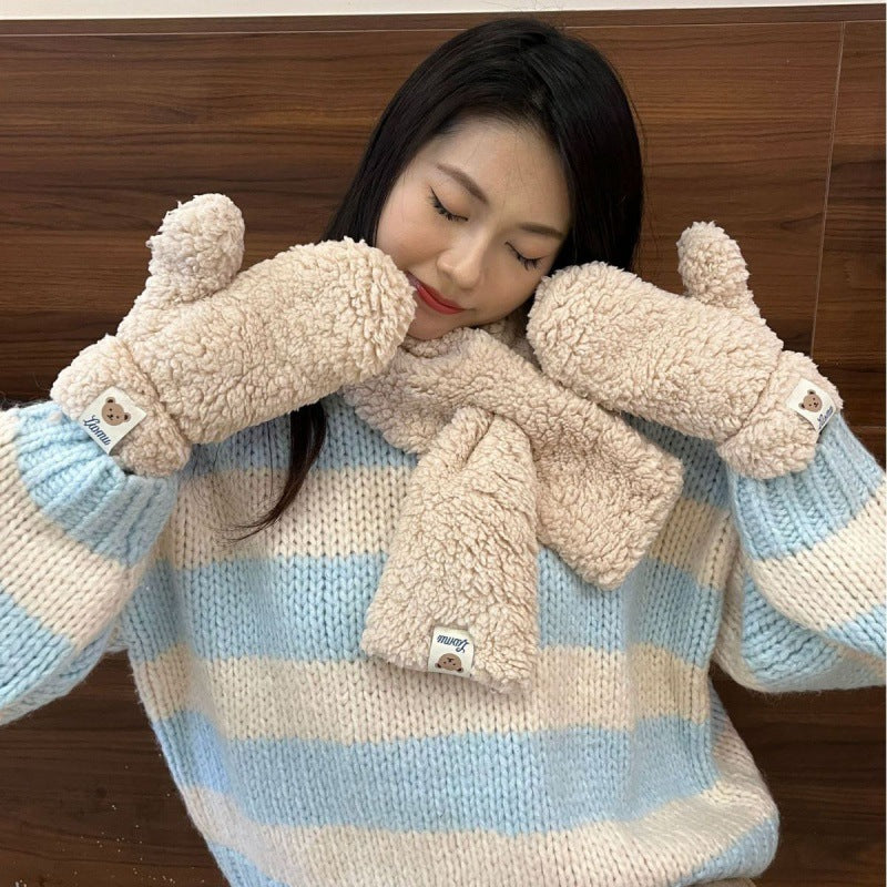 Cartoon Bear Plush Gloves Thickened Warm And Cute Scarf