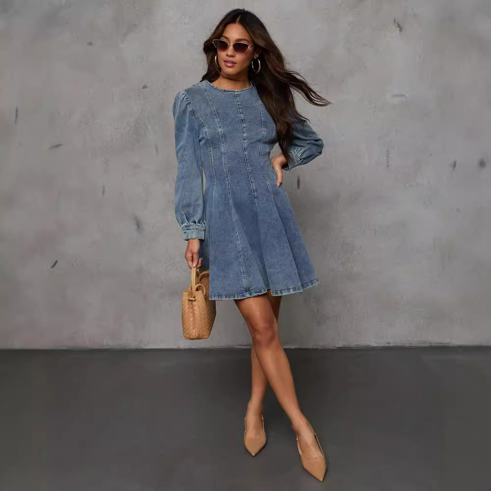 Elegant Patchwork Waist-slimming Women's Denim Long Sleeve Dress