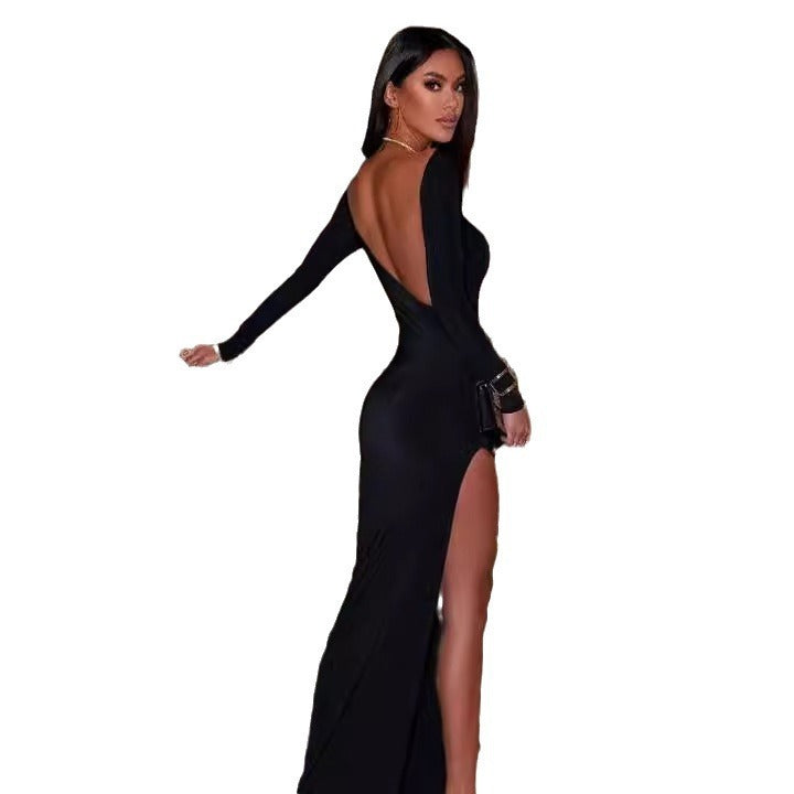 Long Sleeve Dress Women's Dress Round Neck Sexy Backless Slit Dress Long Dress