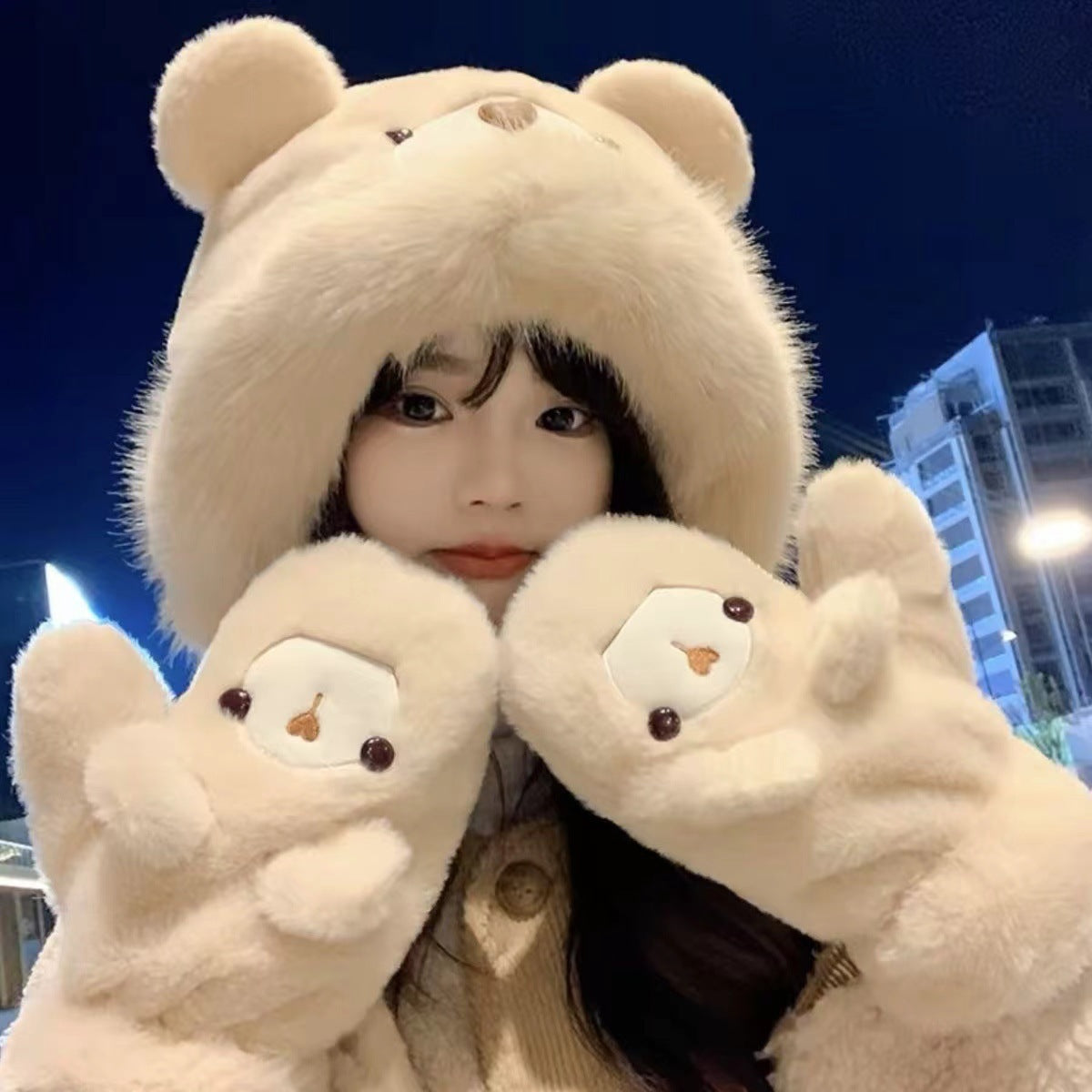 Plush Bear Hat Gloves For Women Autumn And Winter