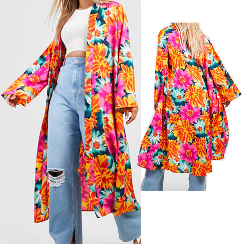 Geometric Pattern Printed Long Coat Pajamas Haori Cape Cardigan