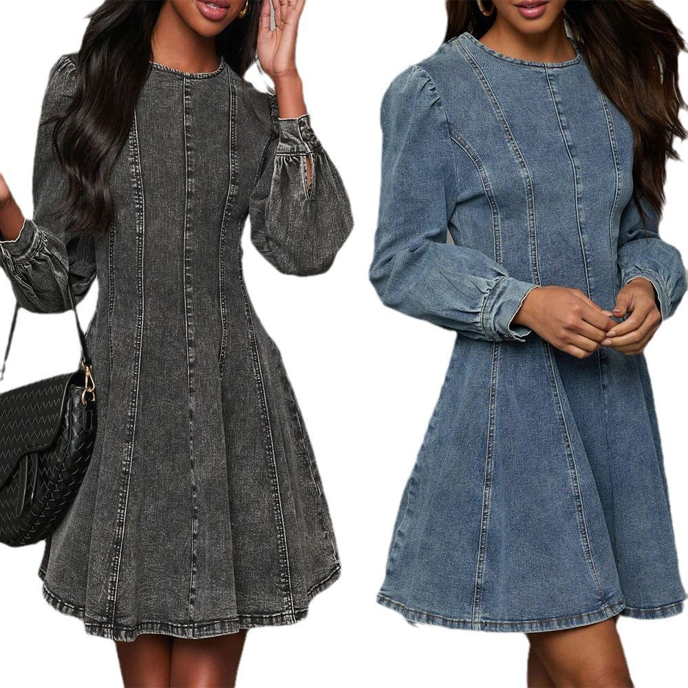 Elegant Patchwork Waist-slimming Women's Denim Long Sleeve Dress