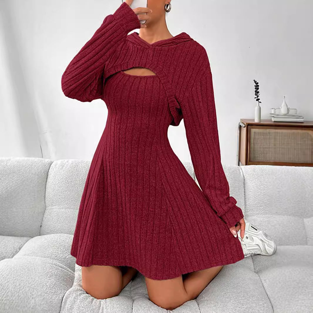 Fall Winter Hooded Shawl Long Sleeve Sweater Vest Short Skirt Slim Fit Two-piece Suit