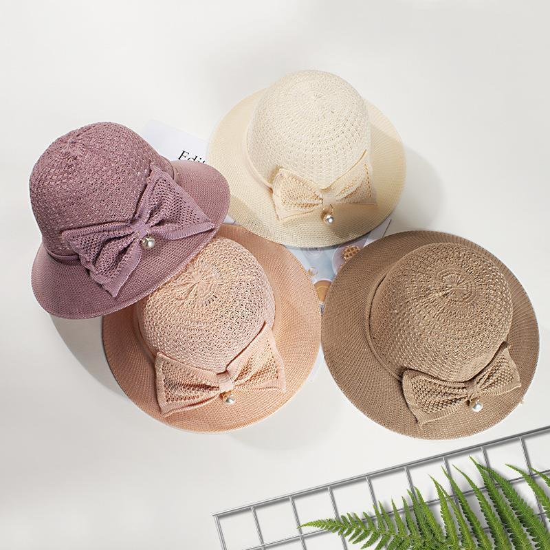 Hat Pearl Summer Women's Breathable Foldable Pearl Bow Sun Protection