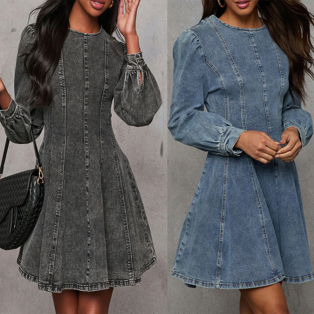 Elegant Patchwork Waist-slimming Women's Denim Long Sleeve Dress