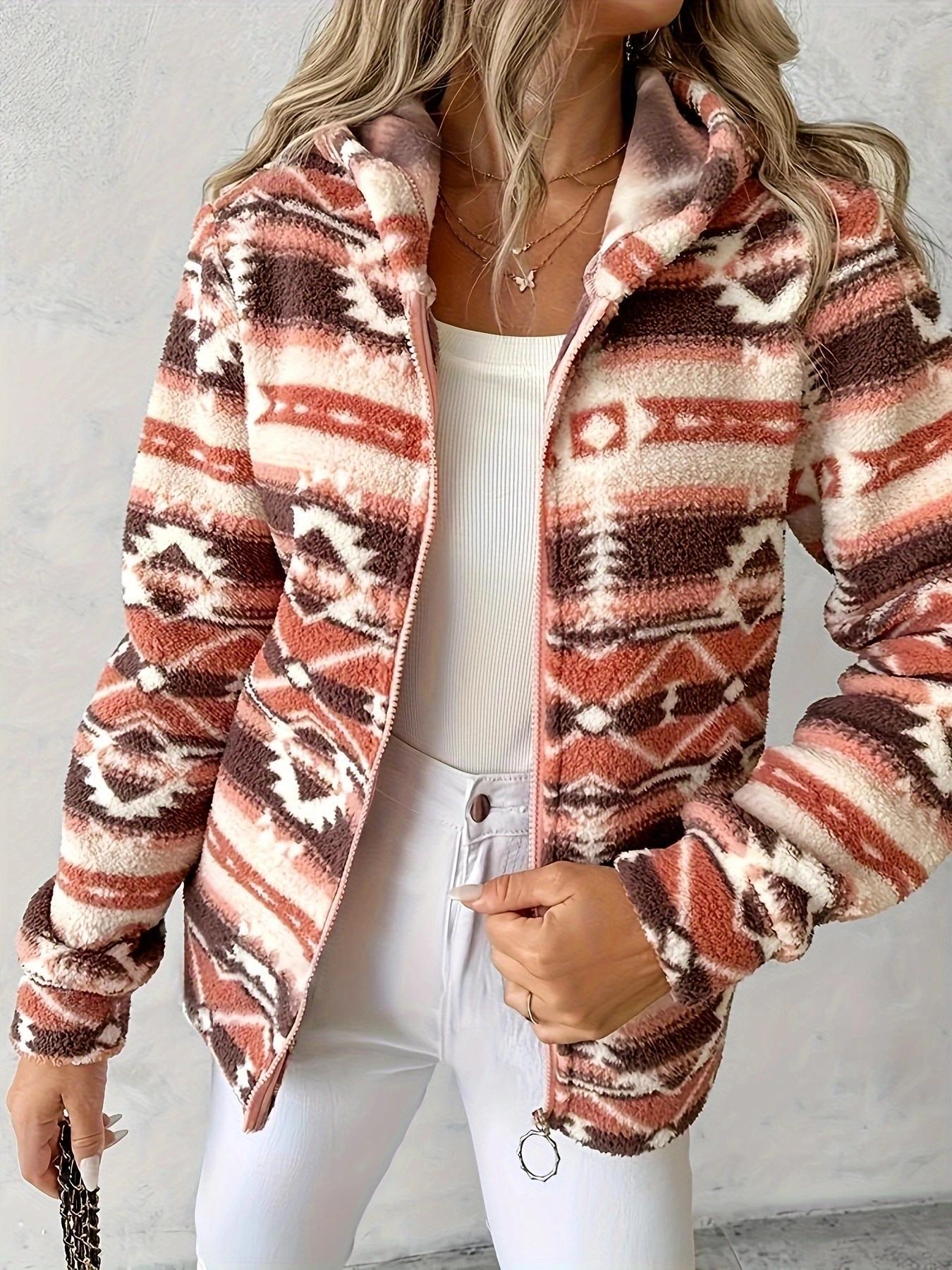 Fashion Casual Geometric Pattern Printed Hooded Zipper Jacket