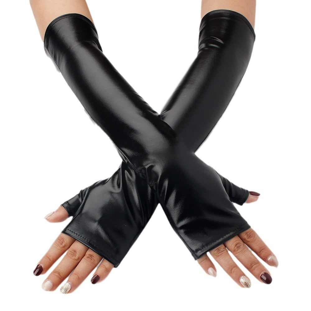 Elastic Tight Patent Mid-length Open Finger Leather Gloves