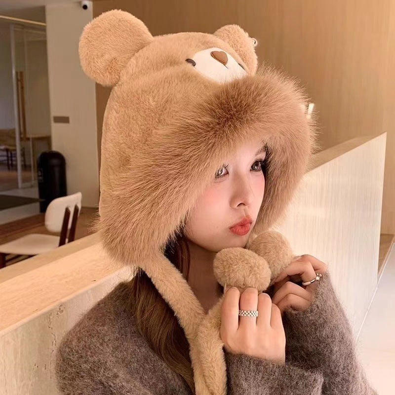 Plush Bear Hat Gloves For Women Autumn And Winter