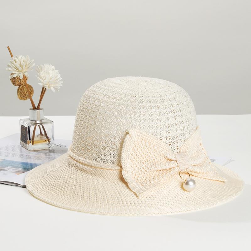 Hat Pearl Summer Women's Breathable Foldable Pearl Bow Sun Protection