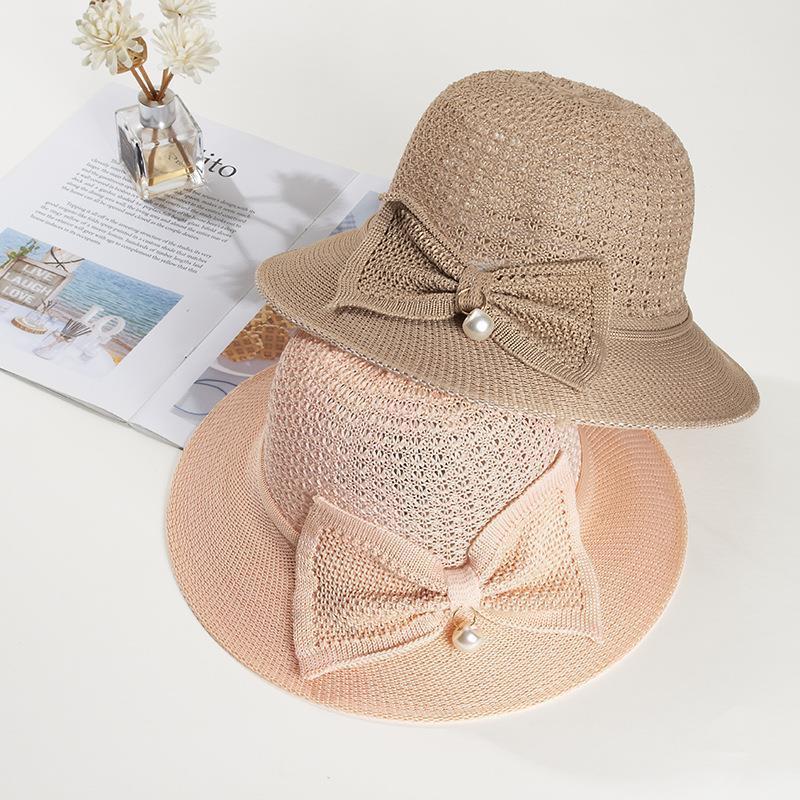 Hat Pearl Summer Women's Breathable Foldable Pearl Bow Sun Protection