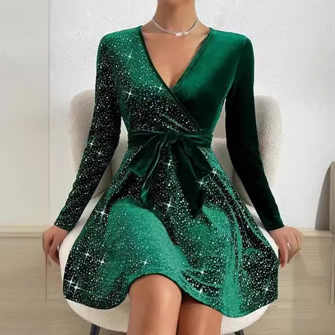 Solid Color Sequined Velvet Dress