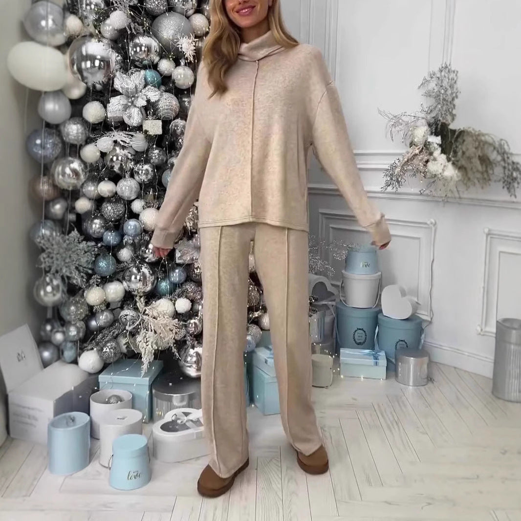 Knitting Suit Turtleneck Long Sleeve Top And Trousers Women