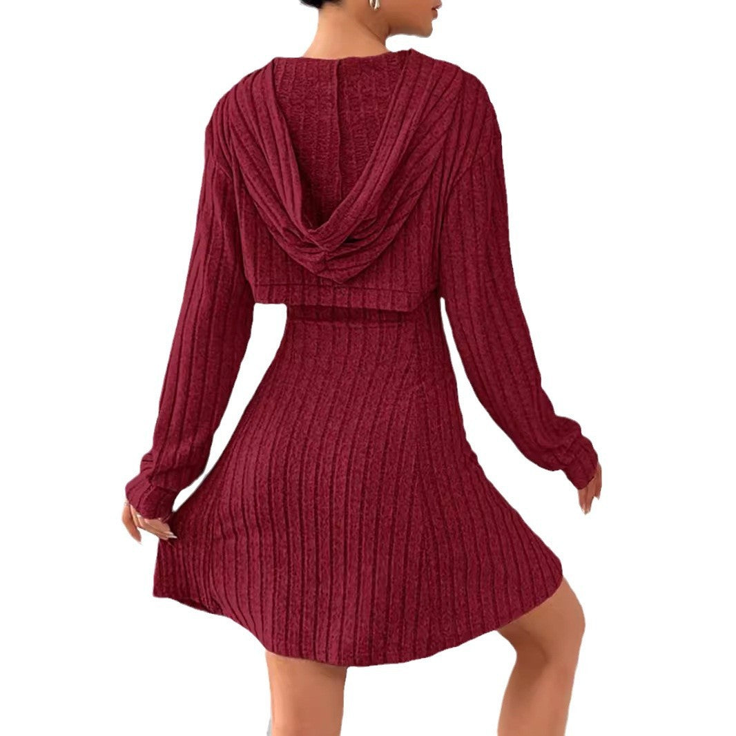 Fall Winter Hooded Shawl Long Sleeve Sweater Vest Short Skirt Slim Fit Two-piece Suit