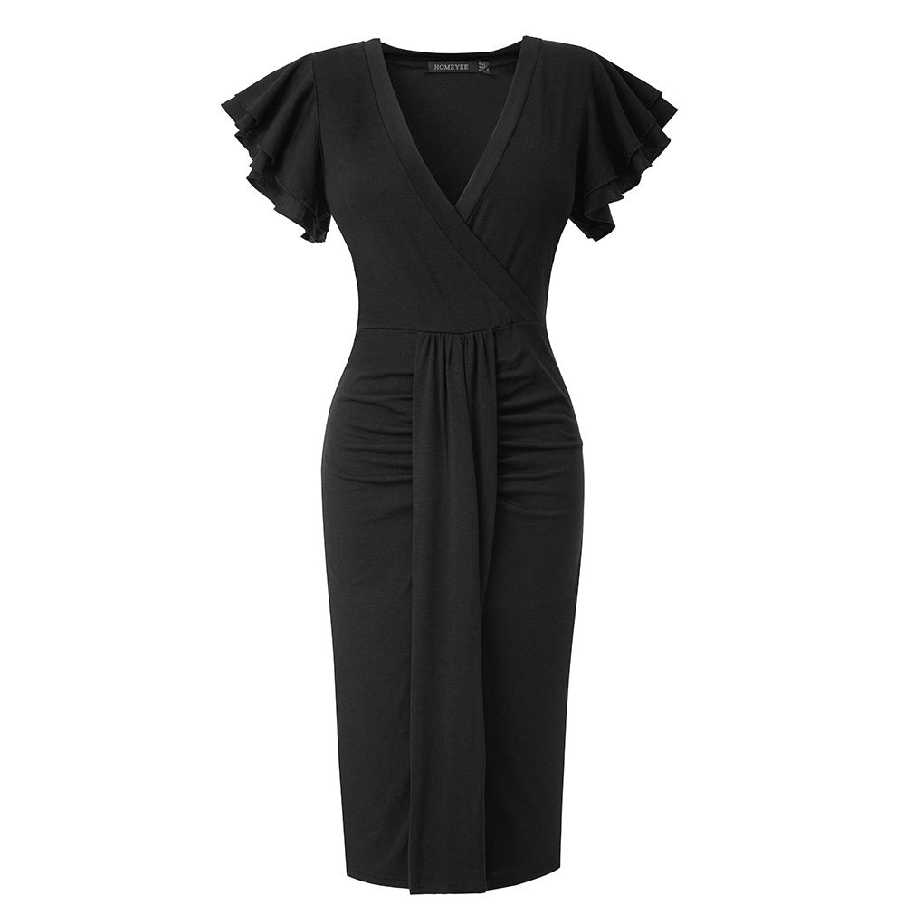 Pleated Mid-waist V-neck Solid Color Dress