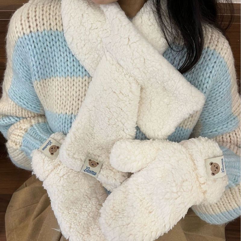 Cartoon Bear Plush Gloves Thickened Warm And Cute Scarf