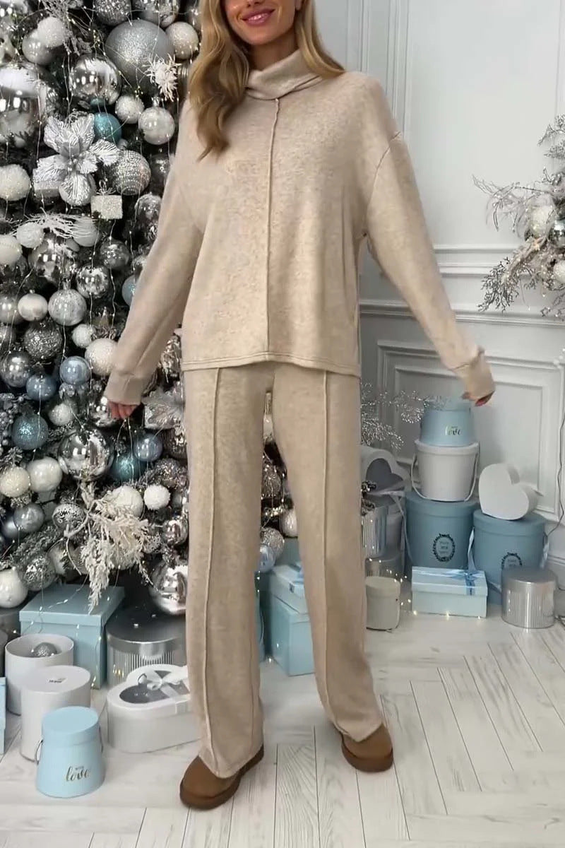 Knitting Suit Turtleneck Long Sleeve Top And Trousers Women