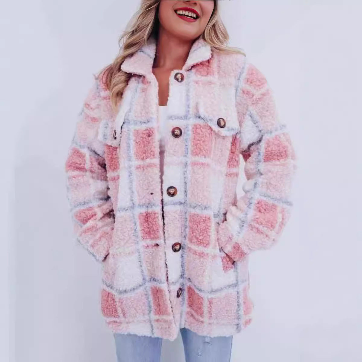 Winter Multicolor Plaid Warm Polo Collar Jacket Women's Fashion All-match Long-sleeved Coat Women