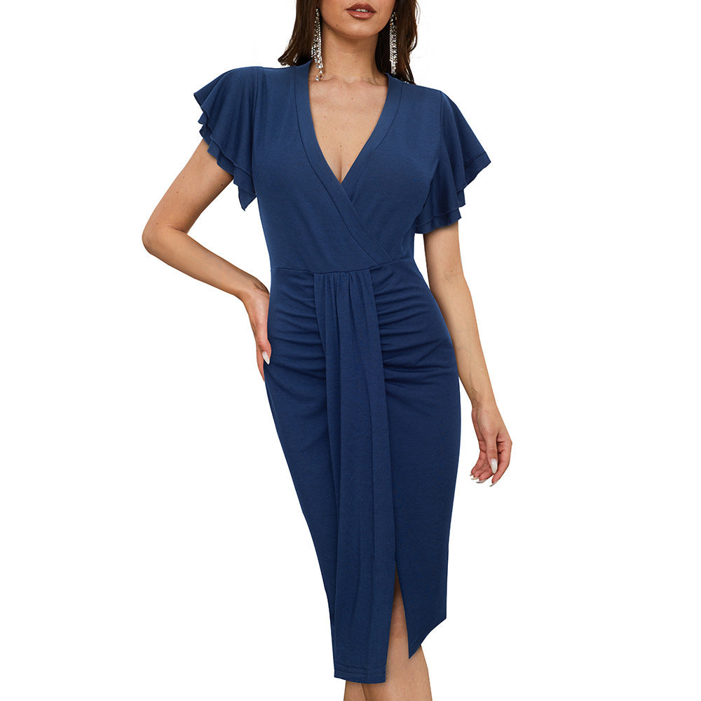 Pleated Mid-waist V-neck Solid Color Dress