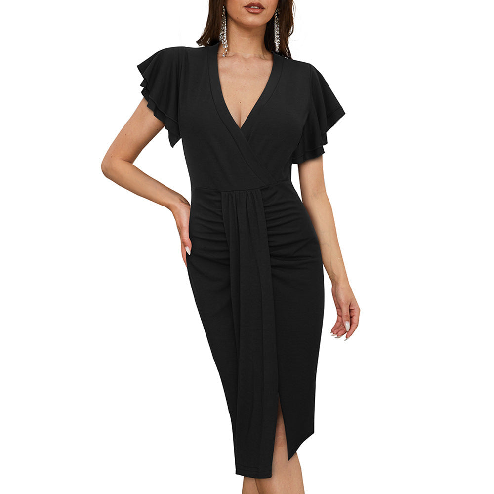 Pleated Mid-waist V-neck Solid Color Dress