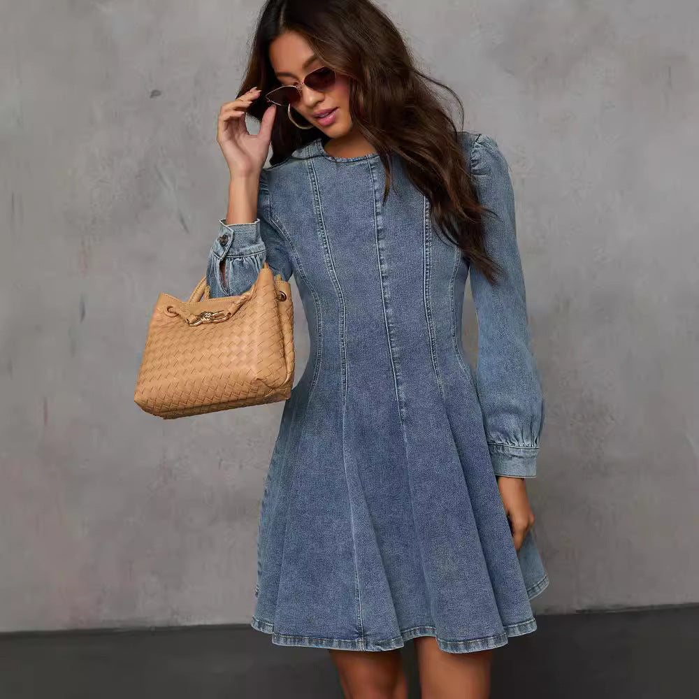 Elegant Patchwork Waist-slimming Women's Denim Long Sleeve Dress