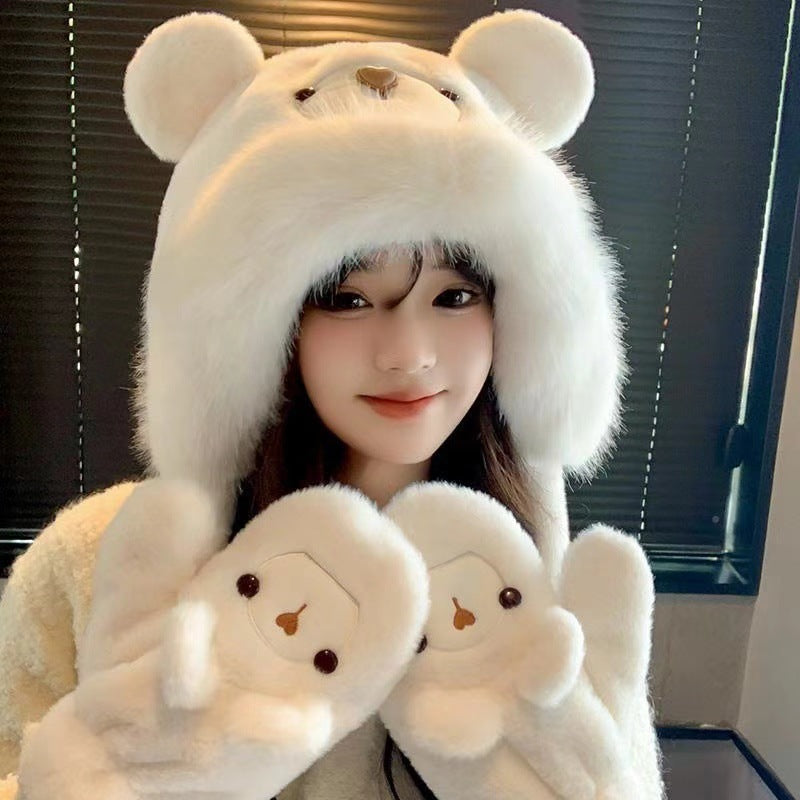 Plush Bear Hat Gloves For Women Autumn And Winter