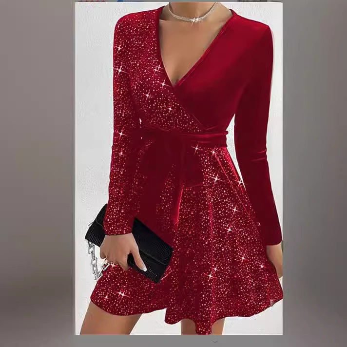 Solid Color Sequined Velvet Dress